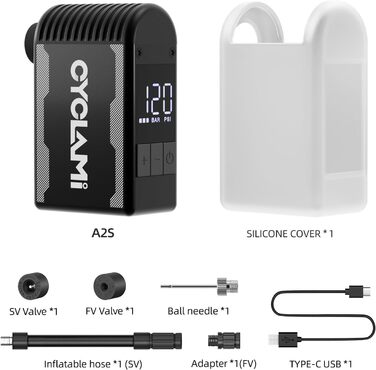 Електричний міні-насос для велосипеда CYCLAMI A2S з USB-C, автоматичним вимірюванням тиску та відключенням при 120 PSI, підходить для ніпелів Presta і Schrader