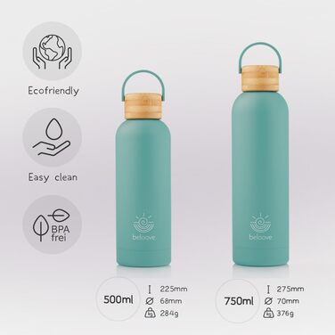 Термос-бутилка beloove з нержавіючої сталі 750 мл, подвійні стінки, BPA-free, не протікає, для газованої води, стійка до подряпин, бірюзова