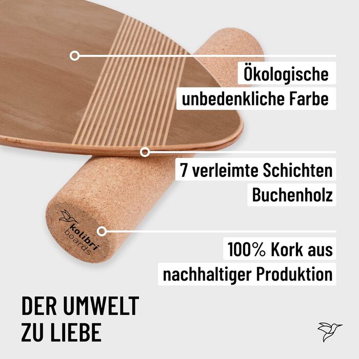 Балансувальна дошка Kolibri Board Round Grip з корковим валиком, дерево, без пластику, екологічна, для початківців і досвідчених, Німеччина, коричнева