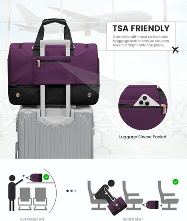 Спортивна сумка LOVEVOOK для подорожей: 37L, з культ. сумкою, відділенням для взуття та мокрих речей. Ідеальна для спортзалу, йоги, подорожей та авіаперельотів. Чорно-фіолетовий колір.