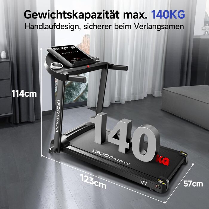 Біговий тренажер YPOO для дому, складаний з нахилом 8%, тихий до 13 км/год з великою поверхнею для бігу, 2.5 HP з LED-дисплеєм та APP, максимальне навантаження 140 кг