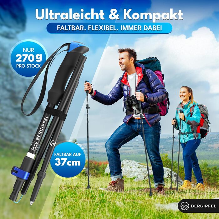 Тeleskopні трекінгові палиці Bergipfel | Ultraleicht 270g | Складаються до 37 см | Регулюються 115–130 см | Алюмінієві палиці для ходьби з аксесуарами для будь-якої місцевості та сумкою | Для жінок, чоловіків, підлітків