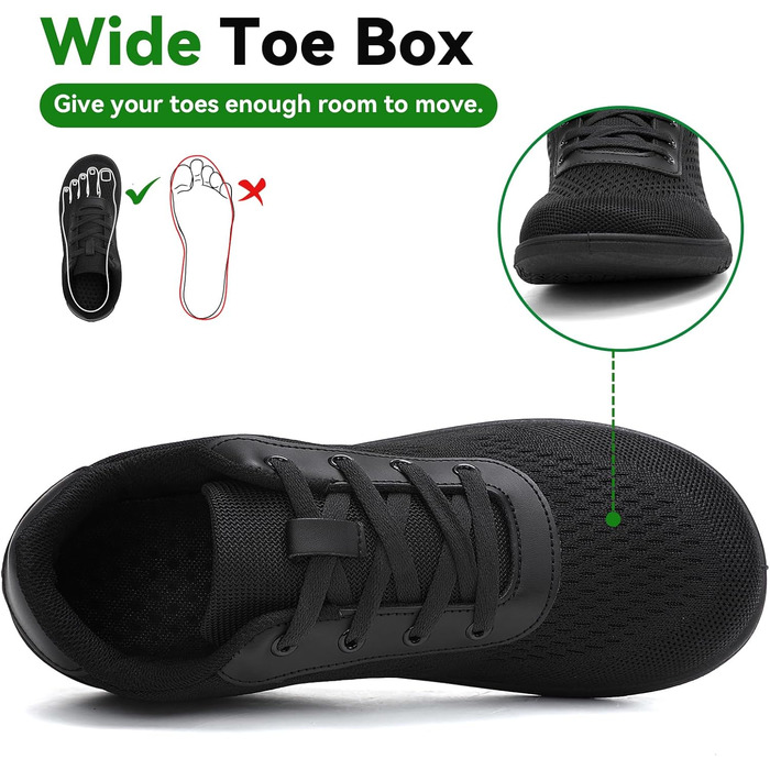 Кросівки для бігу Barfußschuhe: чоловічі та жіночі, зручні, дихаючі, з широкою передньою частиною, антиковзкі, чорні, 43 EU