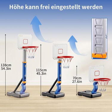 Баскетбольний кошик Kinder з регулюванням висоти 75-138 см - портативний для хлопчиків та дівчаток від 3 років. Ігровий кошик для саду та приміщень