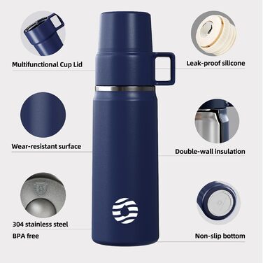 Термос 850 мл із чашкою для кави, герметичний, BPA-free, нержавіюча сталь, для дітей, спорту, школи, фітнесу, кемпінгу, глибокий синій