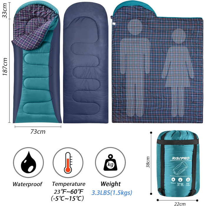 Сплячий мішок RISEPRO Легкий, 1,6 кг фланелевий, водонепроникний, для 3-4 сезонів, дорослих та дітей, для відпочинку на природі, кемпінгу, трекінгу (Зелений)