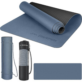 Килимок для йоги EliteAthlete 183x61x0,6 см, не ковзає, з ременем і чохлом, для фітнесу, пілатесу, спортзалу, чорний-синьо-синій