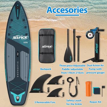 Надувний SUP Борд ALLPICK Premium: Комплект для SUP-бордингу з аксесуарами, тримачем для камери, регульованим веслом, 180 кг, преміум-зелений