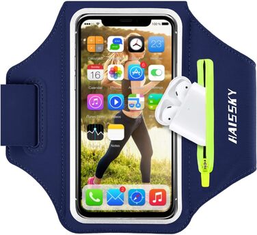 Спортивний браслет на руку для бігу з відділенням для навушників та ключей, тримач для телефону, браслет для бігу з кишенею для карт для iPhone 16 Pro Max/15 Pro/14/13 Pro/12 Plus, Marine (до 6.9 дюймів)