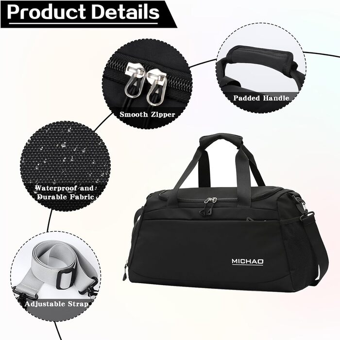 Спортивна сумка для подорожей та спорту, велика (48x23x27 см), з відділенням для взуття та мокрих речей, водонепроникна, для жінок та чоловіків, (ретро-чорний)
