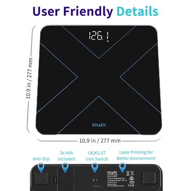 Ваги Vitafit Digital - персональні ваги з вимірюванням ваги та ІМТ, смарт-ваги з підключенням Bluetooth, неслизька платформа, чорного кольору