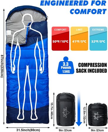 Спальні мішки для дорослих та дітей – для холодної та теплої погоди. Водонепроникний, легкий спальний мішок для кемпінгу, походів та трекінгу (з компресійним мішком). Підходить для 3-4 сезонів, 10-20°C, 1.5KG – Чорний (10-20°C, 1.5KG-Блакитний)