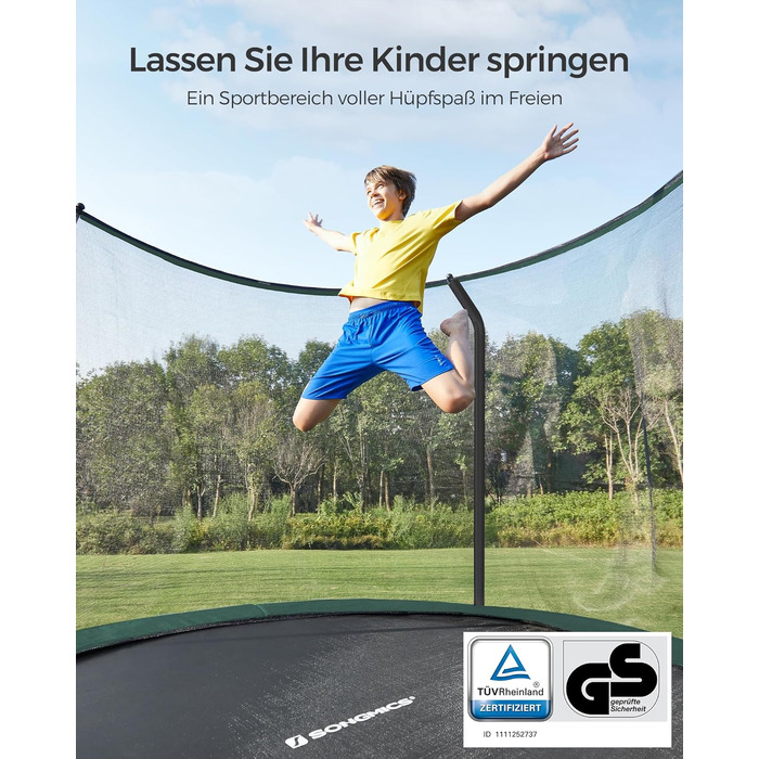 Батут SONGMICS для дітей на відкритому повітрі, Ø 244/305/366/427 см, круглий, з сіткою безпеки та сходами, захисним бордюром, посилене металеве обрамлення. Доступні розміри: 244, 305, 366, 427 см. Колір: чорний + темно-зелений