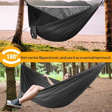 Гамак для кемпінгу NatureFun з москітною сіткою | Максимальне навантаження 300 кг, 290 x 140 см | Дихаючий, швидковисихаючий нейлон, комплект аксесуарів, чорний