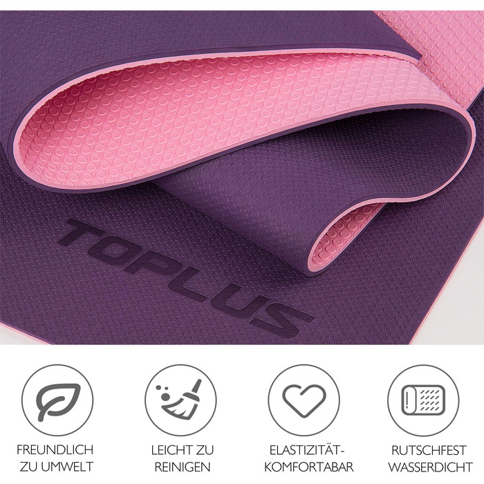 Гімнастичний килимок TOPLUS, йога-мат, фіолетовий, нековзний, м'який, з ременем для перенесення, для фітнесу, пілатесу та гімнастики