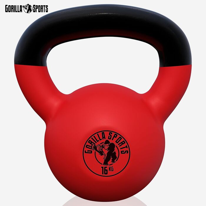 Кетлбелл GORILLA SPORTS 16 кг – гиря з чавуну у вініловому покритті для фітнесу, тренажерного залу та силових тренувань