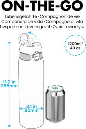 Пляшка для води Ion8 OneTouch 2.0, 1200 мл, нержавіюча сталь, герметична, зручна для однієї руки, синя, стійка до подряпин, з ручкою, можна мити в посудомийній машині