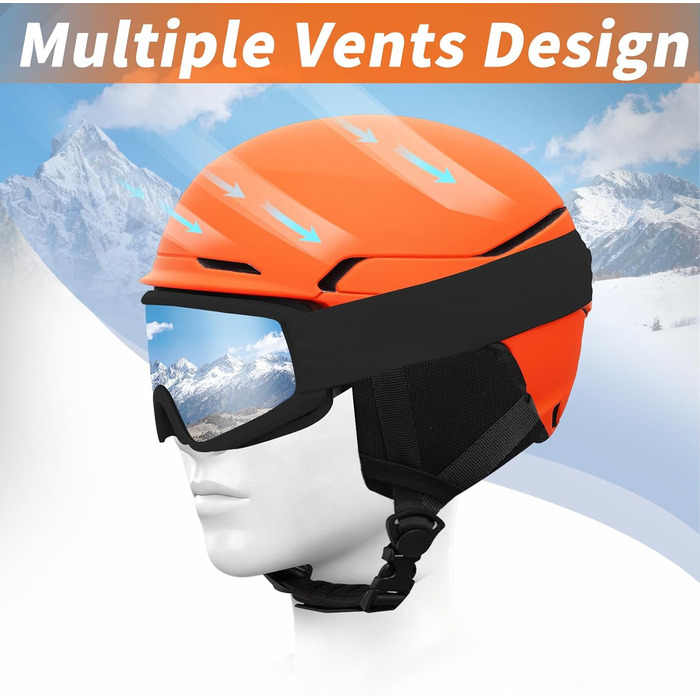 Шкільний шолом для сноуборду та лиж DXH811: унісекс, знятні навушники, вентиляція, захист від UV, регульований, матовий помаранчевий (шолом + маска + захист обличчя, M)