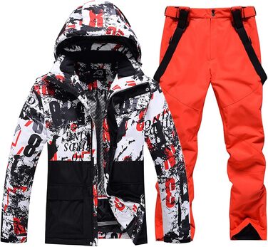 RIUIYELE Комплект чоловічий: куртка та штани для катання на лижах, тепла зимова куртка з підігрівом, качулка, для сноуборду та гірськолижного спорту, Orange/Abendrot, розмір L