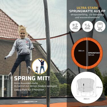 Трамплін SportPlus Outdoor 305/366 см: дитячий та дорослий, з захисним бортиком, сіткою, XL, сертифікат GS