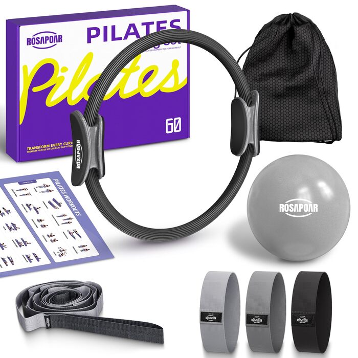 Pilates Essentials Kit ROSAPOAR для жінок: кільце для пілатесу 35 см, м'яч для йоги та еспандери – набір для домашніх тренувань, тонування та скульпторування корпусу