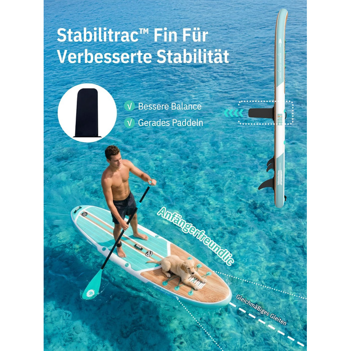 Надувне SUP-борд Niphean Stand Up Paddle Board з сидінням та аксесуарами, 320 см, для 2 осіб, 200 кг, StabilTrac-фін, Cool Mint Wood