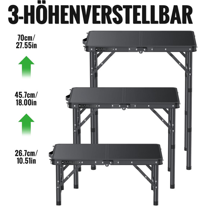 Складаний туристичний стіл Garllen 87x40 см, 3 висоти (26/48/70 см) – для кемпінгу, пікніка, саду, грилю