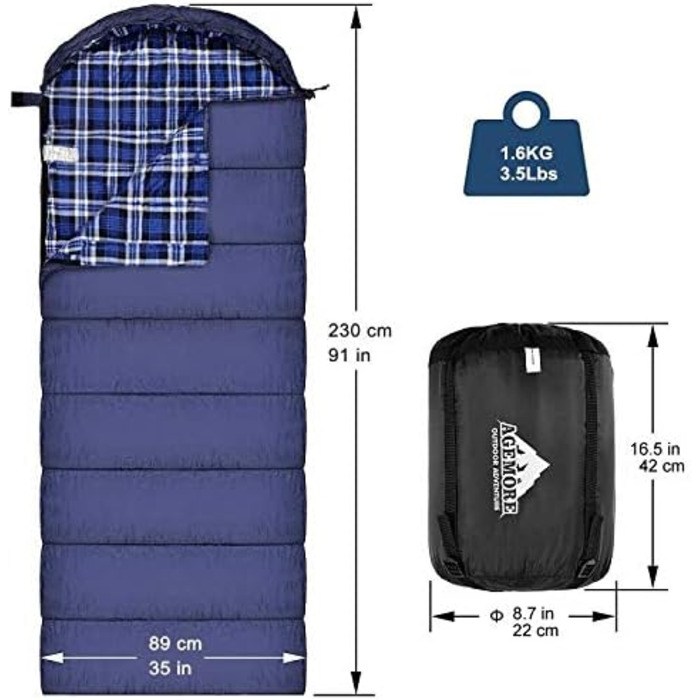 Спальний мішок для дорослих Baumwoll-Flanell, 100% бавовна, для кемпінгу, походів, 3-4 сезони, блакитний