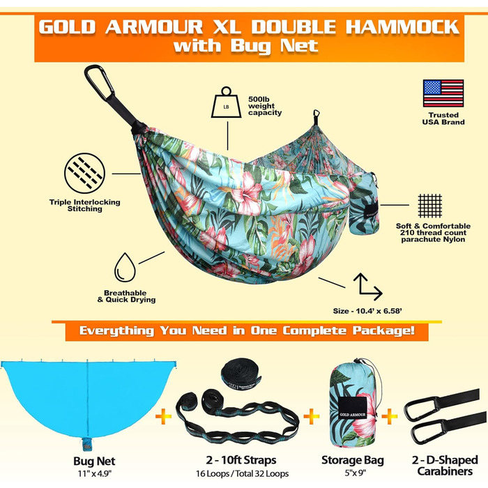 Гамак для кемпінгу Gold Armour - великий двомісний гамак з парашутної тканини (2 петлі для кріплення, 29 кольорів/дизайнів) Легкий нейлон для дорослих та дітей (Зелений, Гавайський)