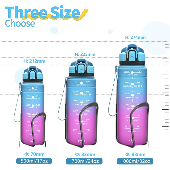 Дитяча спортивна пляшка для води 500 мл блакитно-лілова з мітками часу, Tritan, BPA Free, без витоку, для школи та спортзалу