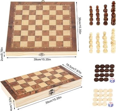 Дерев'яний шаховий набір 3 в 1, складаний, міжнародні шахи, для подорожей, вечірок, сім'ї, дітей та дорослих, 39x39 см