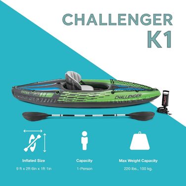 Надувне каяк Intex Challenger K1: безпечний та зручний для відпочинку, 274 x 76 x 33 см, зелено-блакитний, комплект з веслом та насосом