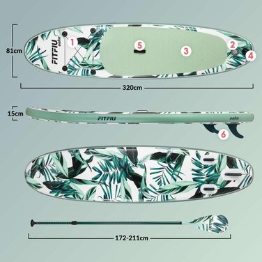 Надувна SUP-дошка FITFIU Fitness OAHU 320x81x15 см з веслом, насосом, 3 плавниками та аксесуарами, тропічний дизайн для сап-серфінгу