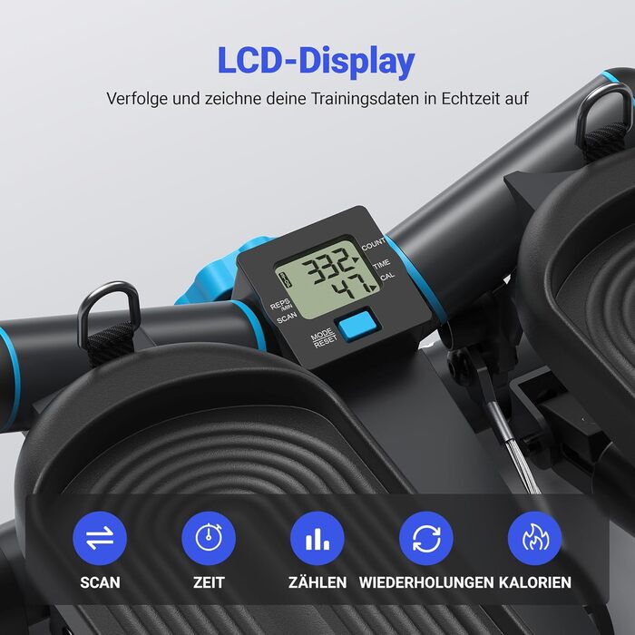 MERACH Міні степер 2-в-1 для дому з LCD-монітором, до 150 кг, з мотузками для тренування ніг, рук та сідниць, блакитно-чорний