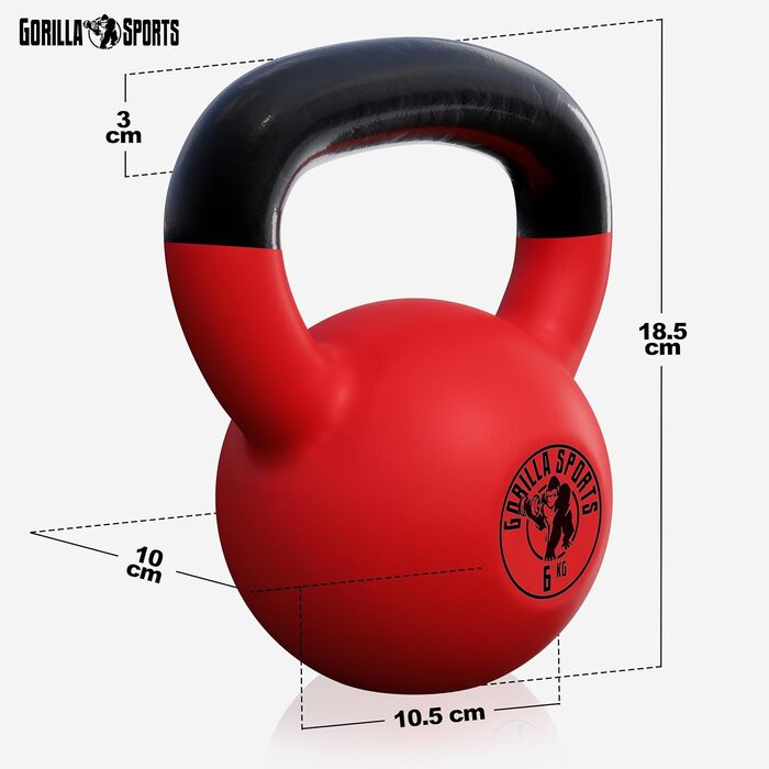 Гиря GORILLA SPORTS 6 кг – чавунна з вініловим покриттям для фітнесу та силових тренувань