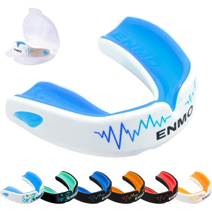 Захисна капа Enmo Maxilla Pro: для дорослих та дітей (10+), з чохлом. Підходить для регбі, боксу, хокею та контактних видів спорту. Капу з технологією Boil & Bite, тришаровий, з каналом для дихання. Білий/блакитний колір.