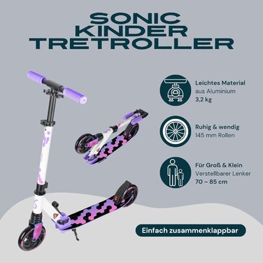Самокат міський Bergen City Scooter Sonic - алюмінієвий, колеса PU 145мм, амортизатор, гальмо заднє, регульована висота (5+ років), легкий, білий/чорний/рожевий/фіолетовий