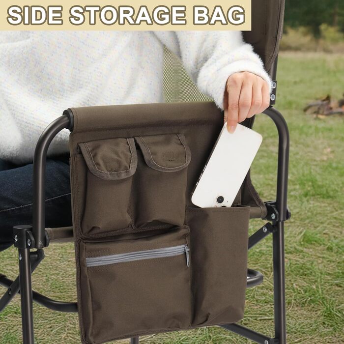 Складний туристичний стул LEADZM з бічним столиком та відділенням для зберігання, 120 кг, 600D Oxford, метал, 62x60x92 см, коричневий