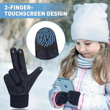 Дитячі рукавички EEFOW зимові з екраном сенсора: термо рукавички з флісу для їзди на велосипеді, бігу, з антиковзким покриттям (для хлопчиків та дівчаток 4-12 років, чорні та сині) чорні та червоні (приблизно 6-8 років, сині)