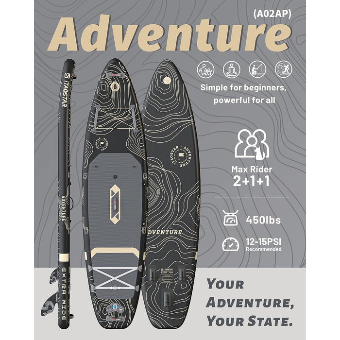 SUP-дошка iTAOSTAR Adventure 365x88/99 см з сидінням, надувний сапборд для підлітків/дорослих, 5 плавників, чорний