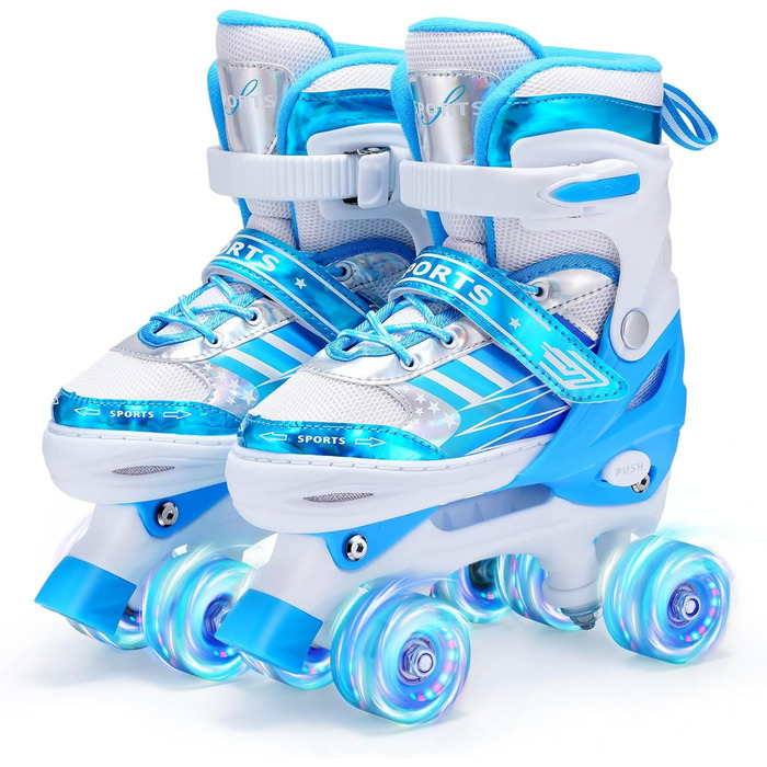Дитячі ролики Kinder Rollschuhe для дівчаток та хлопчиків, регульовані, 8 коліс зі світлом, роликові ковзани для малюків, початківців, для використання в приміщенні та на вулиці (M (EU32-36), Bleu)