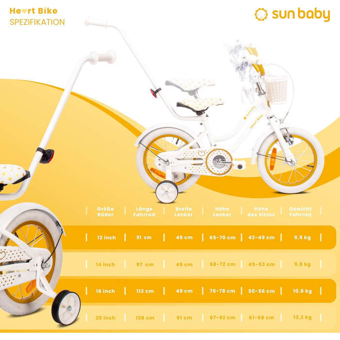 Дитячий велосипед Sun Baby Heart Bike для дівчаток 12/14/16 дюймів, зі знімною ручкою, для дітей 2-6 років