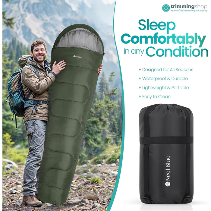 Спальний мішок Mumienschlafsack для дорослих - легкий, компактний, водонепроникний, з капюшоном, 220x85 см, теплий, придатний для прання, для кемпінгу, трекінгу, подорожей, зелений