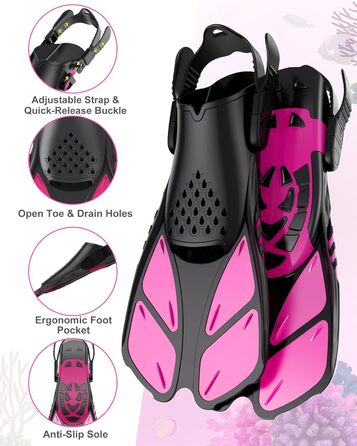 Набір для снорклінгу для дітей та дорослих, повна обличчя маска для снорклінгу та регульовані ласти, панорамна маска для снорклінгу з системою сухого типу Рожева