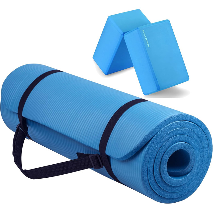 БалансФром GoYoga універсальний йога-мат, товщина 1,27 см, висока щільність, протиковзкий, з ременем і блоками для йоги