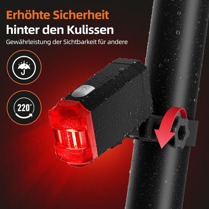 Набір переднього та заднього велоліхтаря LED USB, StVZO, IPX6, чорний+червоний