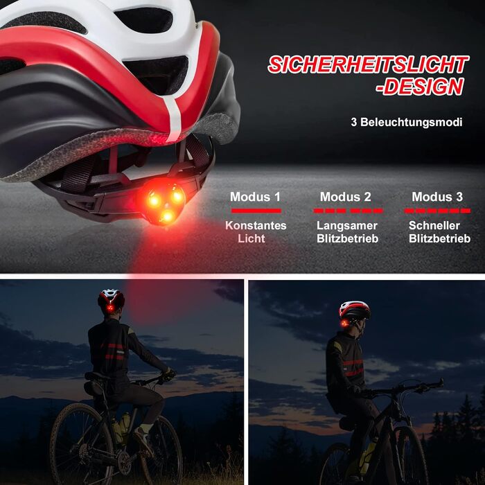 Велосипедний шолом Exclusky для чоловіків і жінок з візором і LED-підсвіткою, для гірського велосипеда, розмір 56-61 см, червоний з смужками