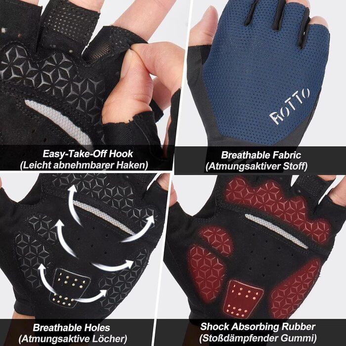 ROTTO Велосипедні рукавички напівпальці, з підкладкою, для шосе, гірського велосипеда, їзди, унісекс (Морська синя, M)