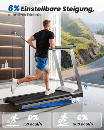 Складне бігове доріжки для дому Klappbar 16 km/h, Walking Pad Foldable з нахилом 6%, бігове доріжки 158 KG велика площа бігу 112 * 42cm, бігове доріжки тихе для дому та офісу (Срібно-Чорний)