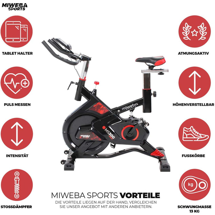 Велотренажер Miweba Sports MS300 для дому, 13 кг маховик, до 100 кг, амортизатор, тримач для планшета, транспортні ролики, регулювання, ергометр, спін-байк чорний